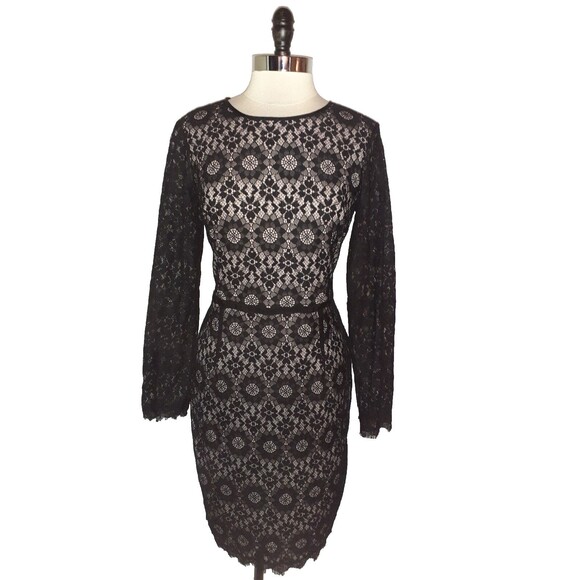 MAGGY LONDON Size 14 Sheath Dress Black Floral Lace Pink Lining Long Sleeve - Picture 1 of 6
